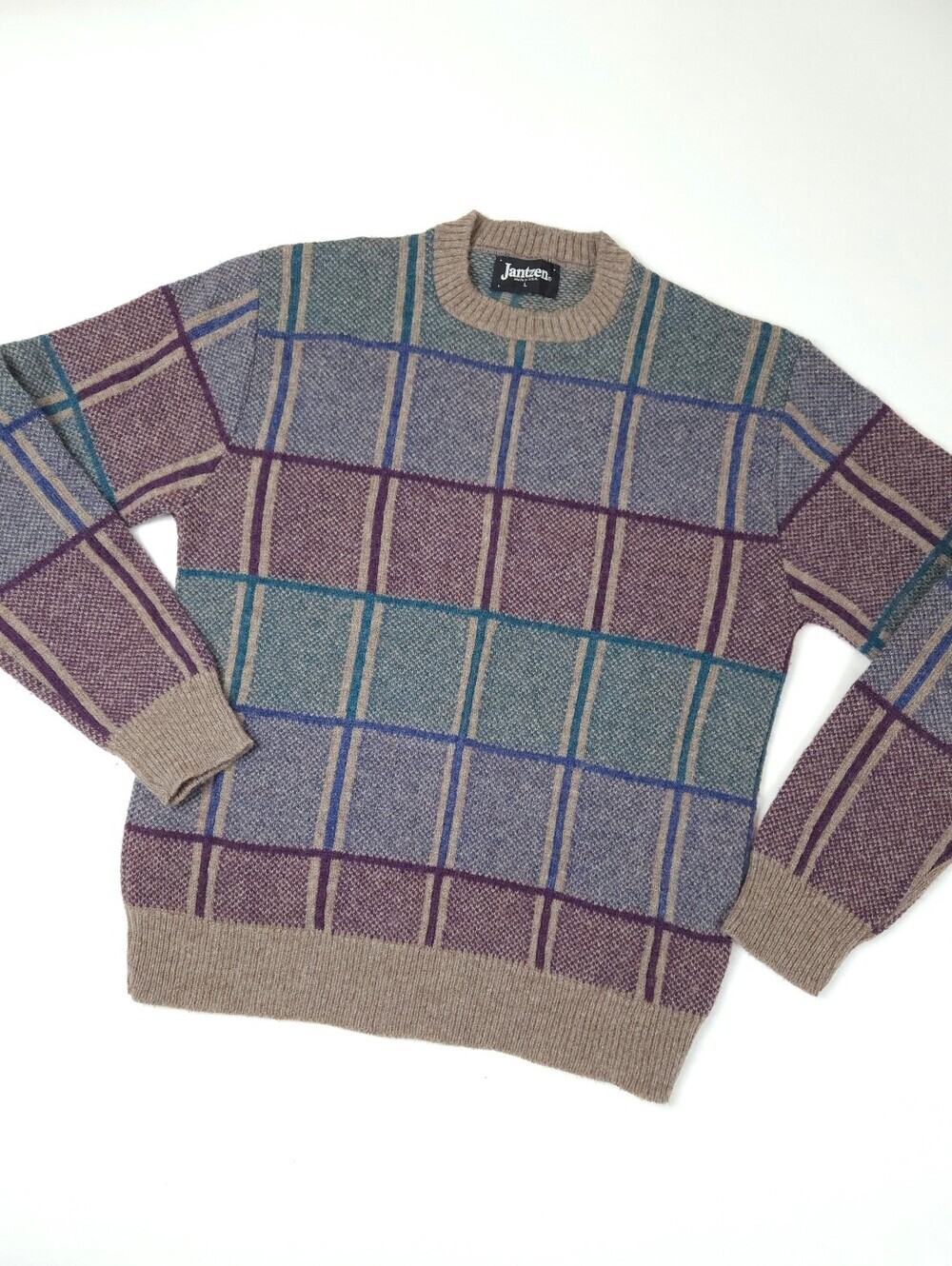 Jantzen Vintage 90s Sweater Mens Large Brown Blue Plaid Wool USA Grandpa